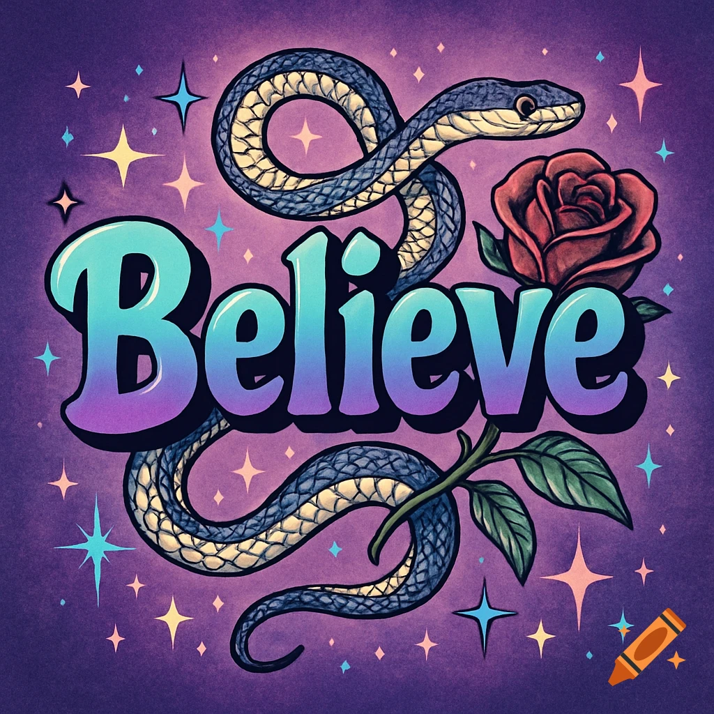 Stylized illustration of the word "Believe" in gradient bubble letters, with a snake, a red rose, and sparkling stars on purple.