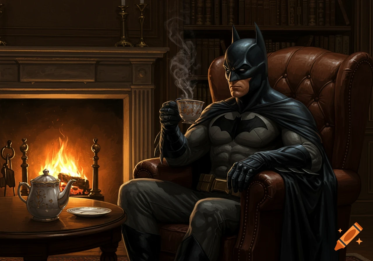 Batman sitting in a leather armchair by a fireplace, sipping tea from a delicate cup. A teapot is on a table beside him.