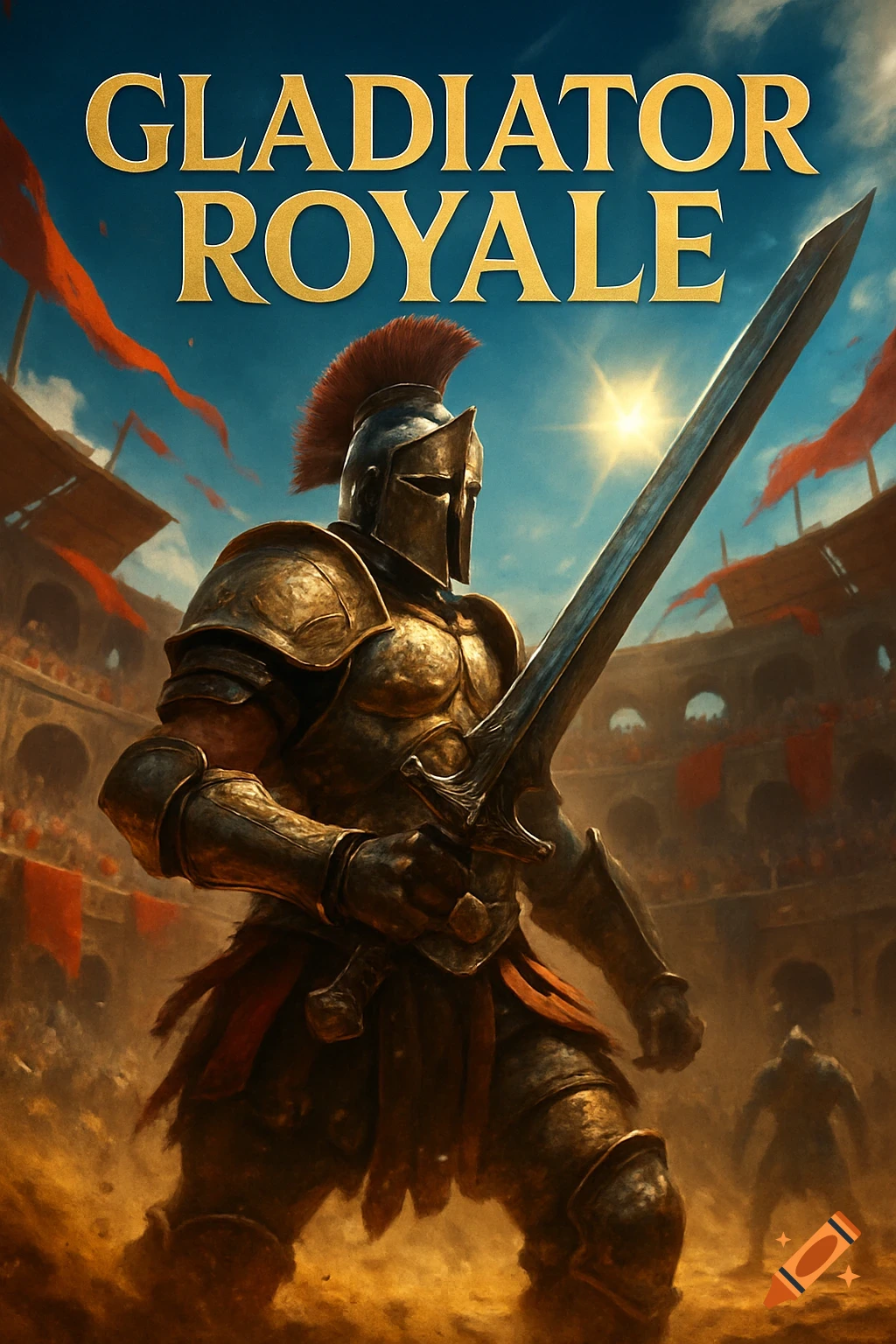 A gladiator in golden armor with a sword stands in a sunlit arena, with "GLADIATOR ROYALEE" text above. Game cover art style.