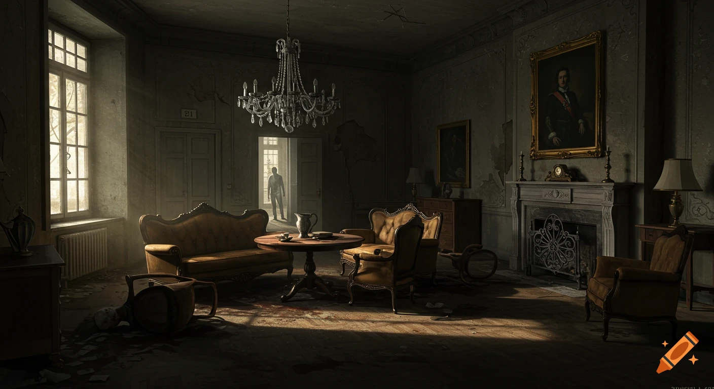 A dimly lit, decrepit salon in an old mansion with antique furniture, a grand chandelier, and a figure standing in a sunlit doorway.