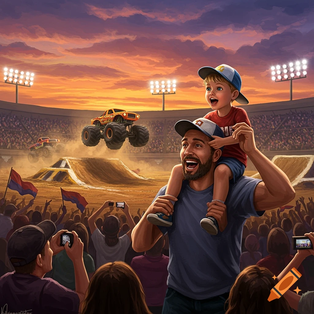 Father and son on shoulders watching monster trucks jump in a stadium at sunset.