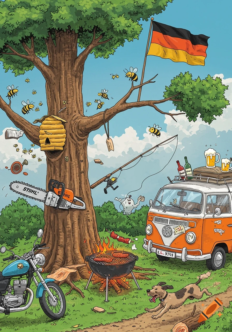 A whimsical cartoon scene of a chaotic outdoor picnic with a tree, bees, a VW van, a dog, a grill, and a German flag.