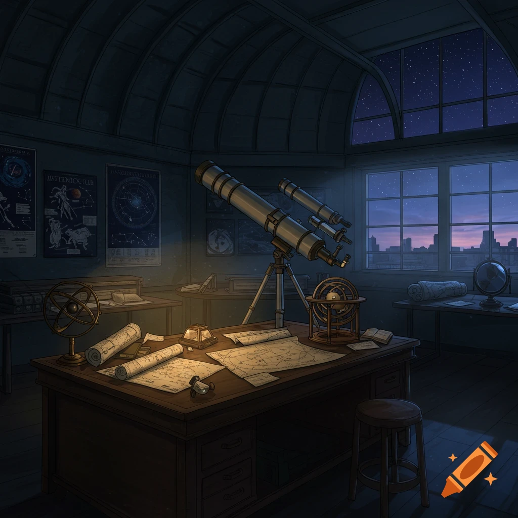 An illustrative observatory room at night with a telescope, star charts, and a city view from a window under a starry sky.