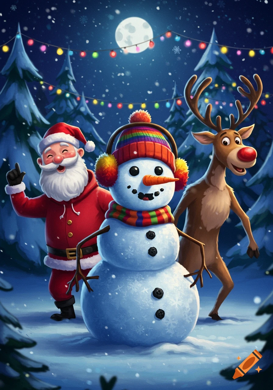 Santa, a snowman with a colorful hat and scarf, and a reindeer in a snowy, moonlit forest with Christmas lights.