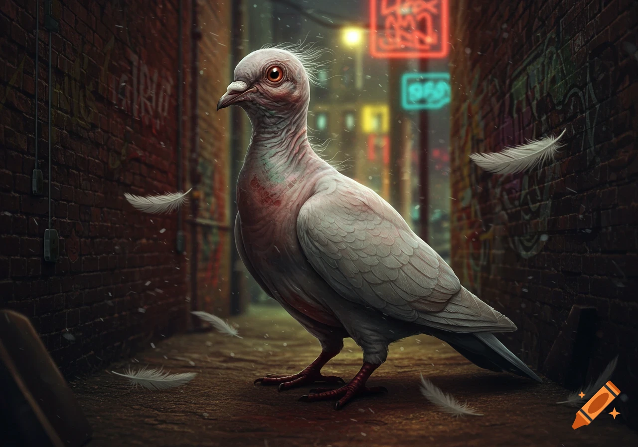 A sickly, partially bald pigeon with red eyes stands in a dark, grimy urban alley with neon signs and graffiti in the background.