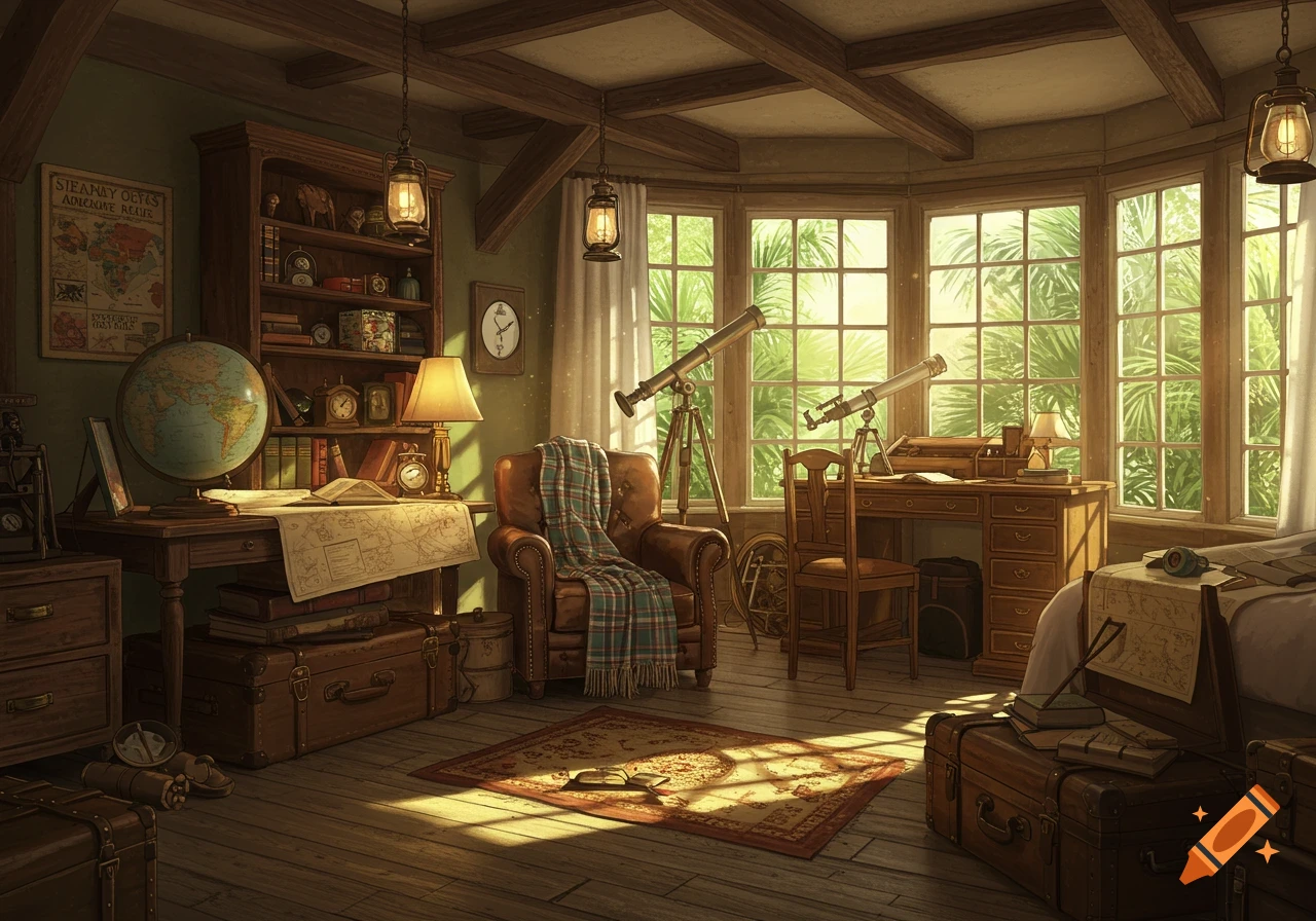 A warm, vintage adventurecore room with a globe, maps, telescopes, and leather armchair by sunlit windows.