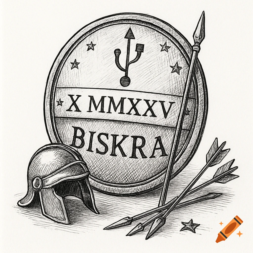 Black ink line art of a Roman warrior shield with a USB symbol, 'X MMXXV', and 'BISKRA'. A helmet, spear, and arrows are beside it.