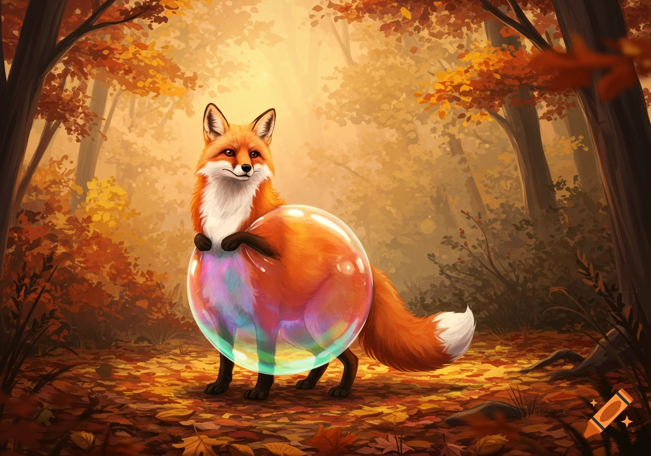 A happy, cartoonish fox holds a large, iridescent bubble around its belly in a warm, autumn forest illustration.
