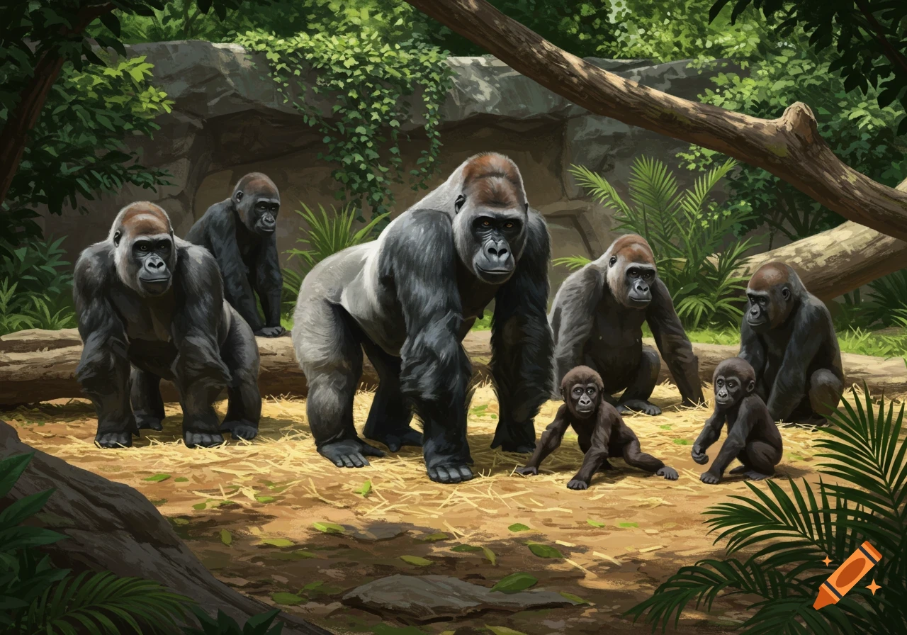 A family of seven gorillas, including a silverback and young, in a lush jungle clearing, in a realistic art style.