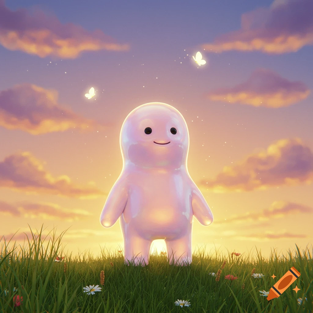 A cute, shiny, pink blob character stands in a grassy field with daisies and butterflies at sunset.