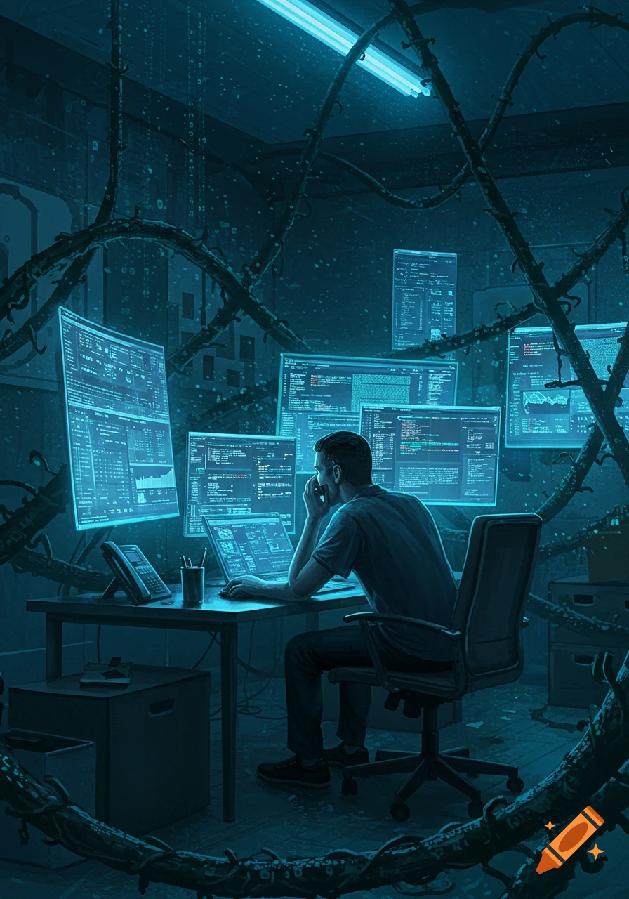 A man sits at a desk in a dark, neon-blue room, surrounded by multiple glowing computer screens displaying code, with gnarled cables overhead.