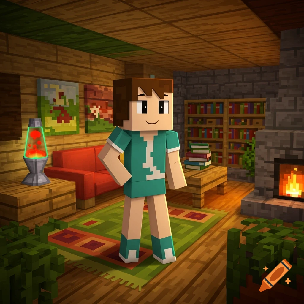 Jenny, a blocky Minecraft-style character in a teal outfit, stands in a cozy, wood-paneled room with a fireplace and lava lamp.