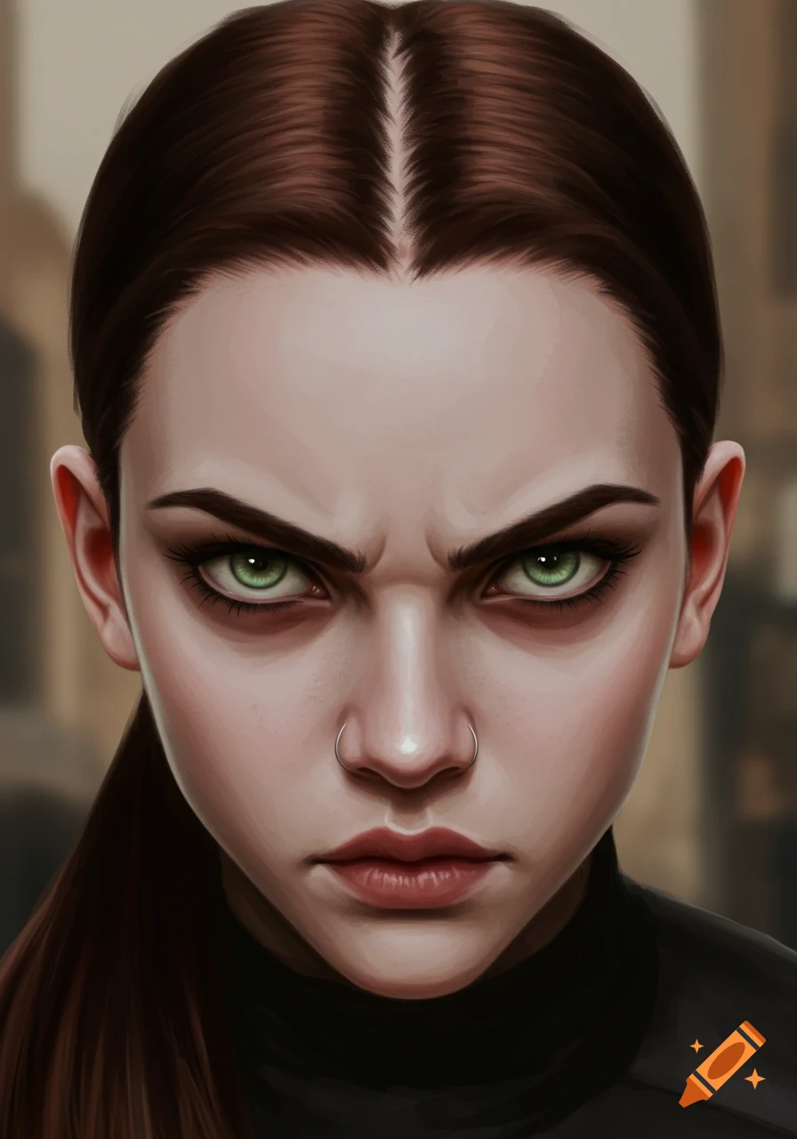 Close-up digital art portrait of a woman with pale skin, green eyes, and an angry expression, with dark hair pulled back.