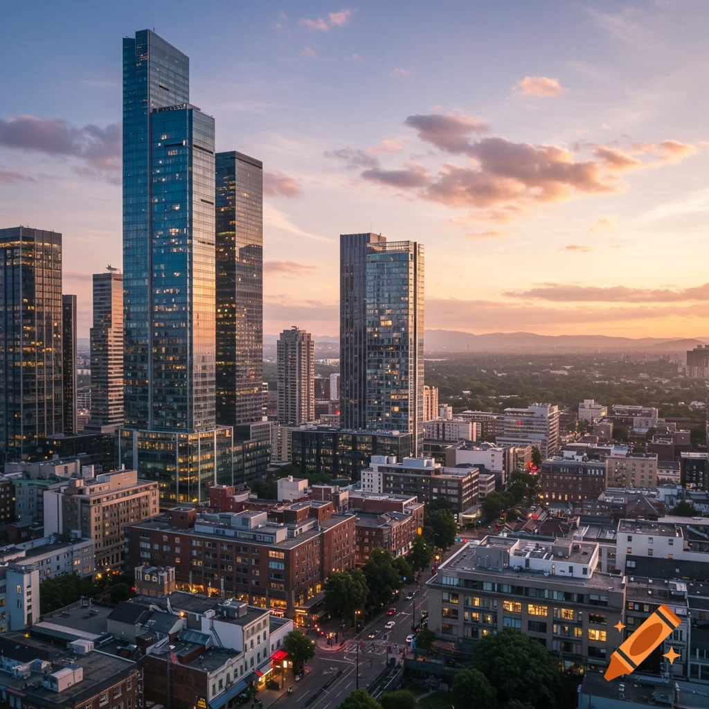 Photorealistic aerial view of a vibrant city skyline with skyscrapers and residential buildings at sunset.
