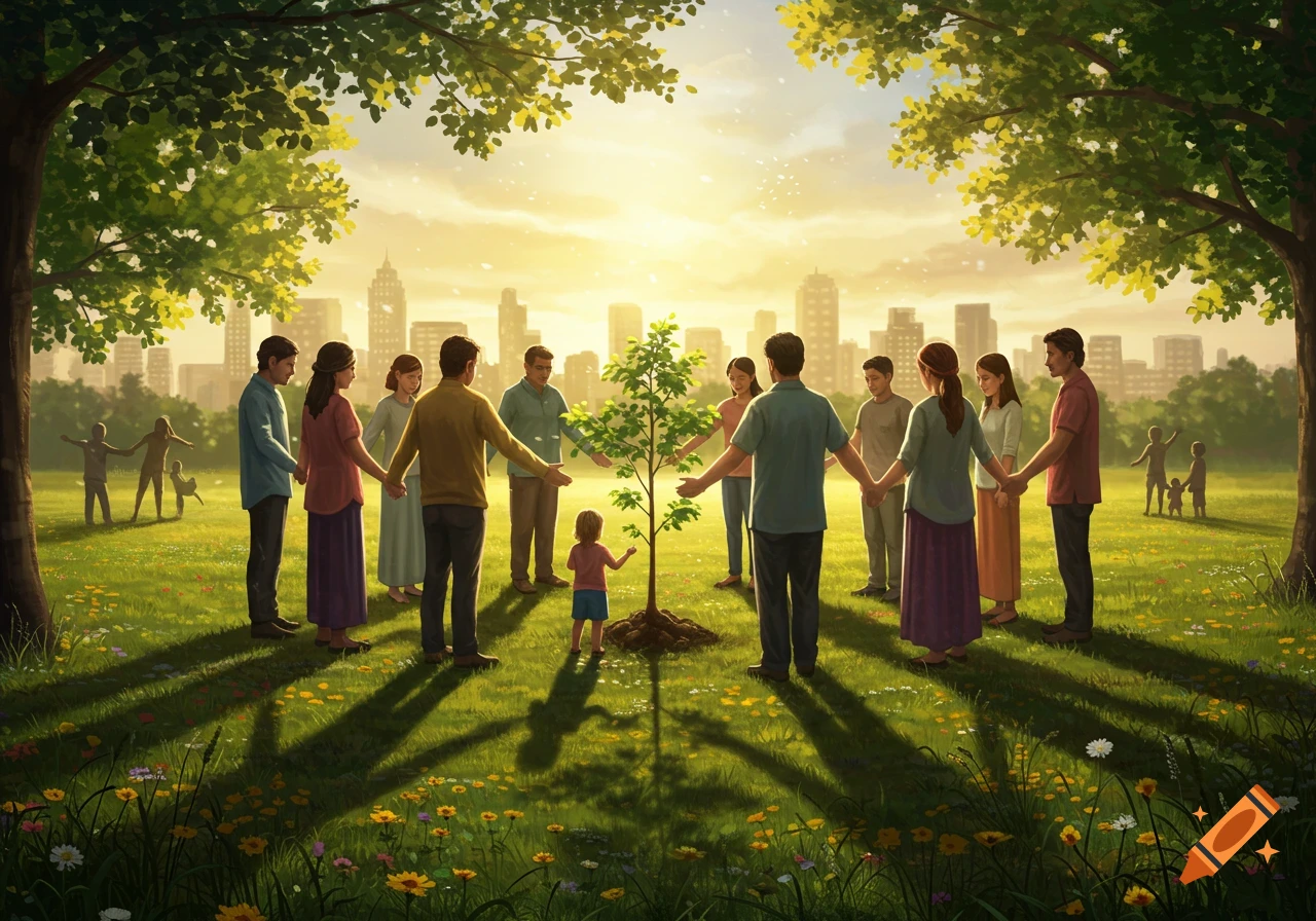 A diverse group of adults and a child hold hands in a circle around a small tree in a sunny park with a city skyline.