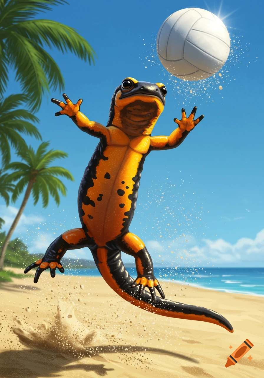 A vibrant orange and black fire salamander leaps to hit a volleyball on a sunny beach with palm trees and ocean.