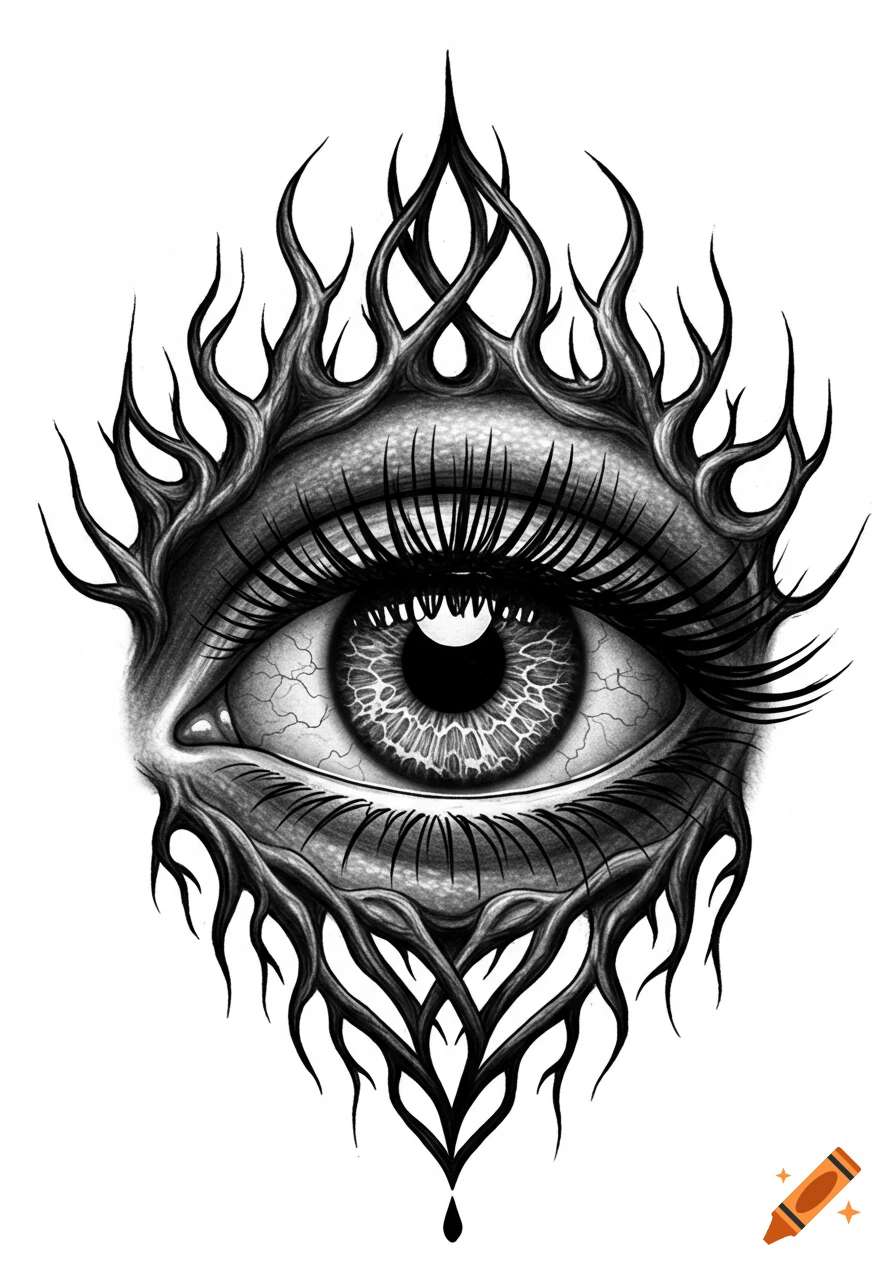Black and white drawing of a stylized eye with long lashes, intricate roots, a detailed iris, and a tear drop.