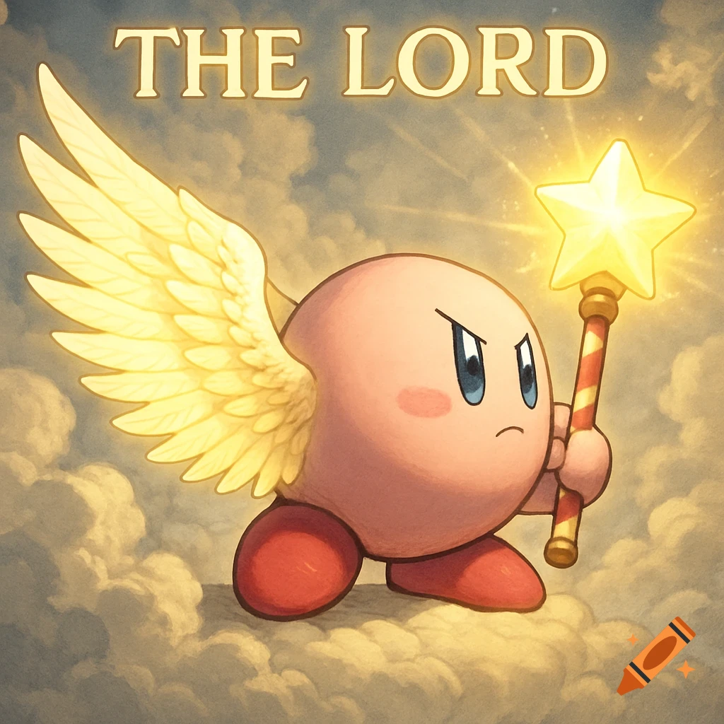A determined Kirby with golden wings, holding a glowing star rod, stands on clouds under "THE LORD" text, in an anime style.