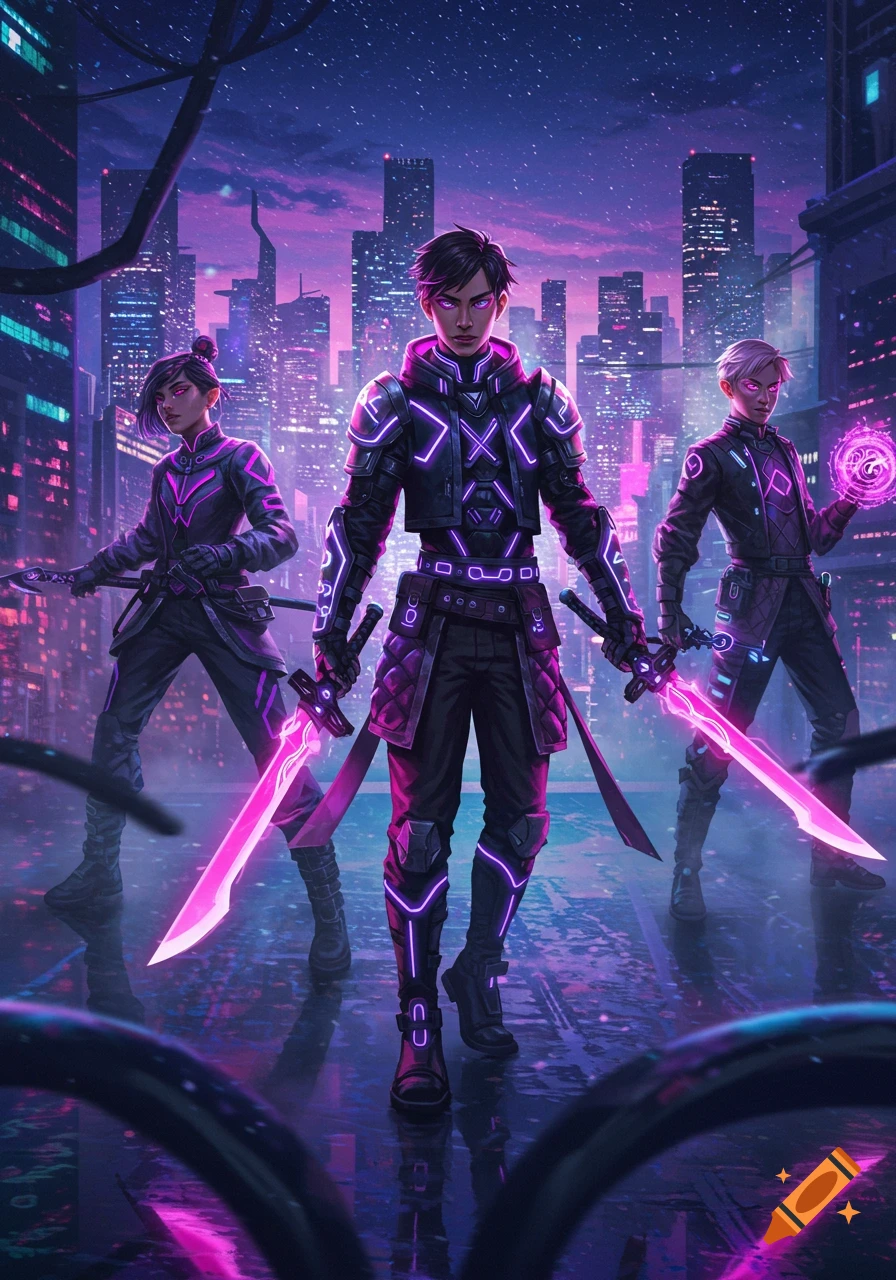 Three cyberpunk warriors with glowing swords and magic in a neon-lit futuristic city at night.