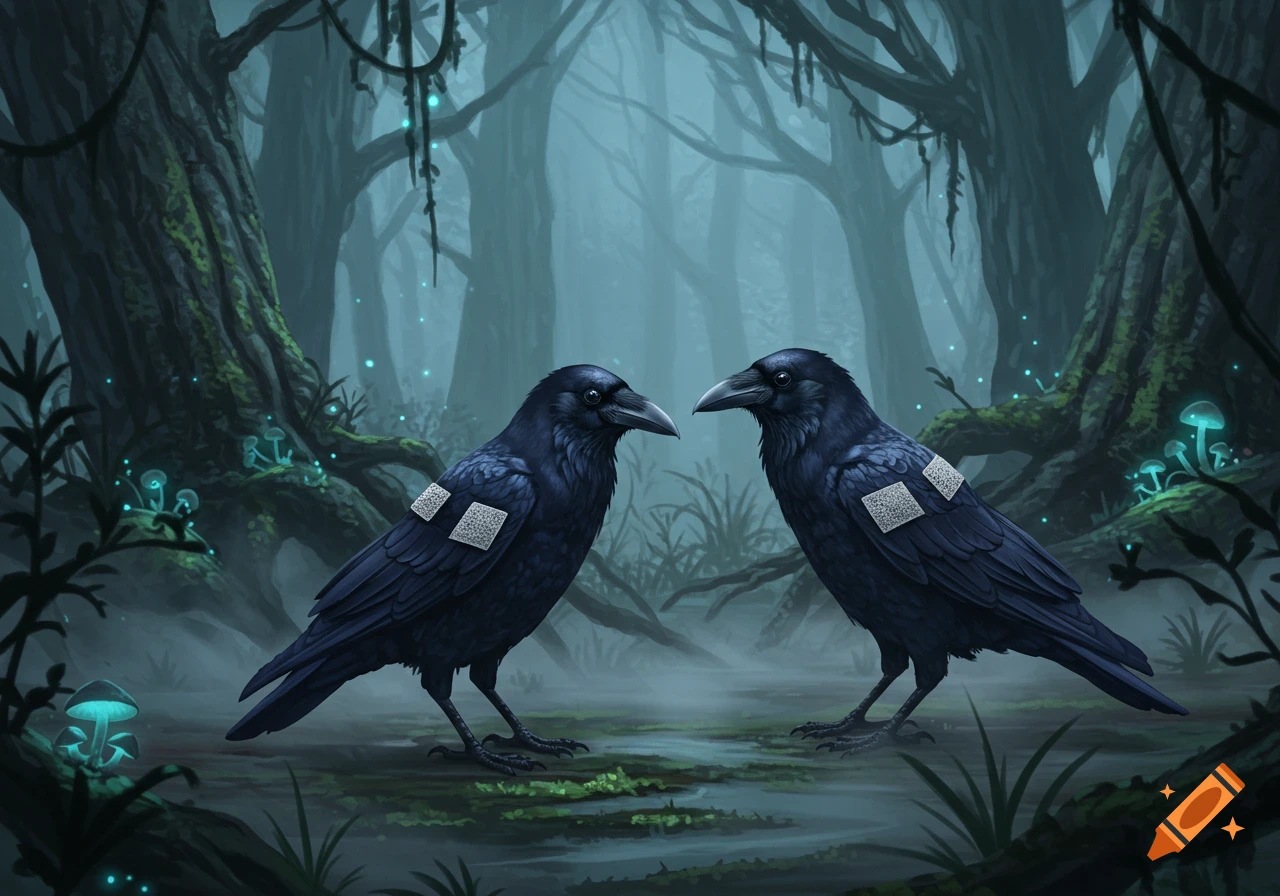 Two dark crows with light-colored patches on their wings stand facing each other in a misty, magical forest with glowing blue mushrooms.