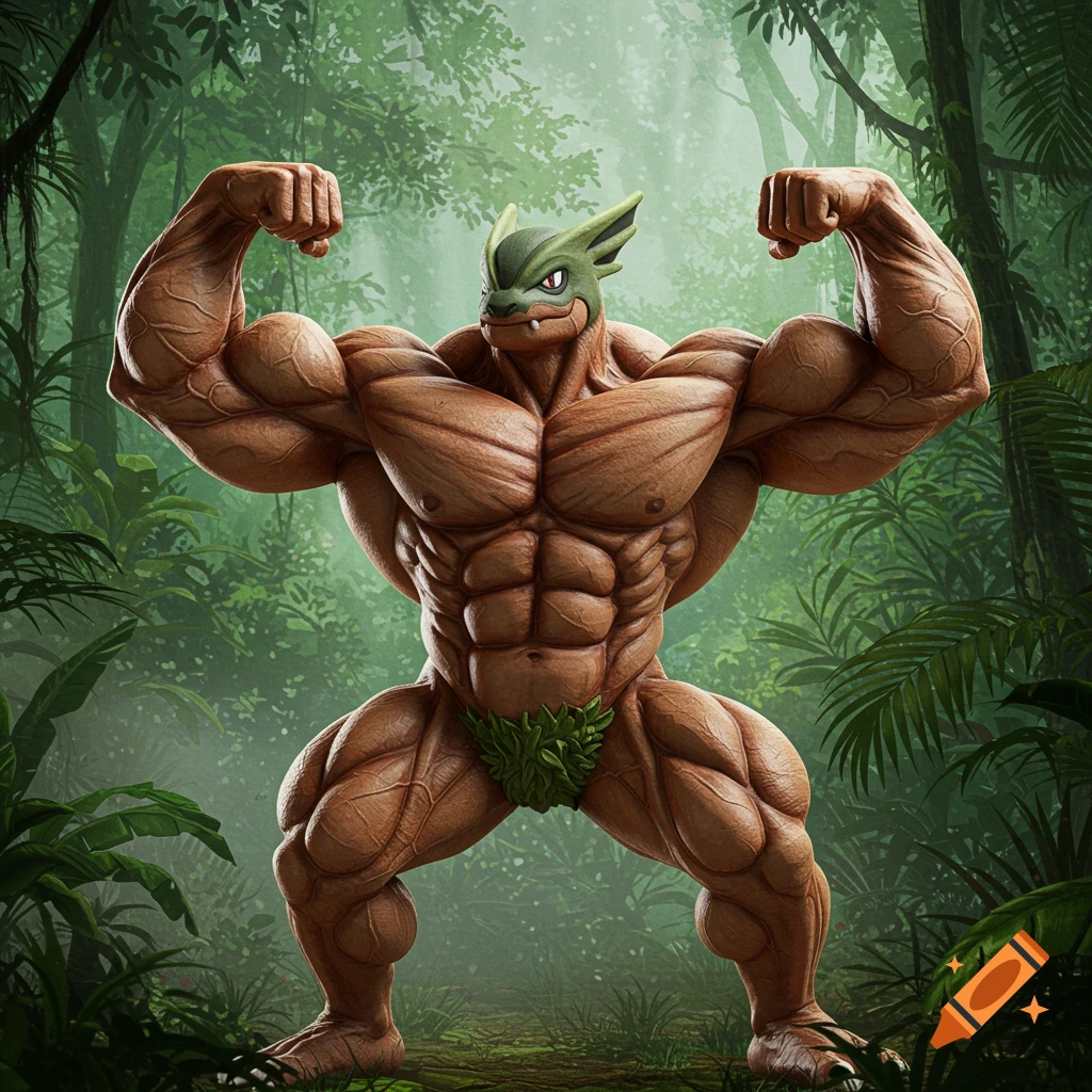 A hyperrealistic, muscular, green and brown reptilian creature flexing its biceps in a dense jungle.