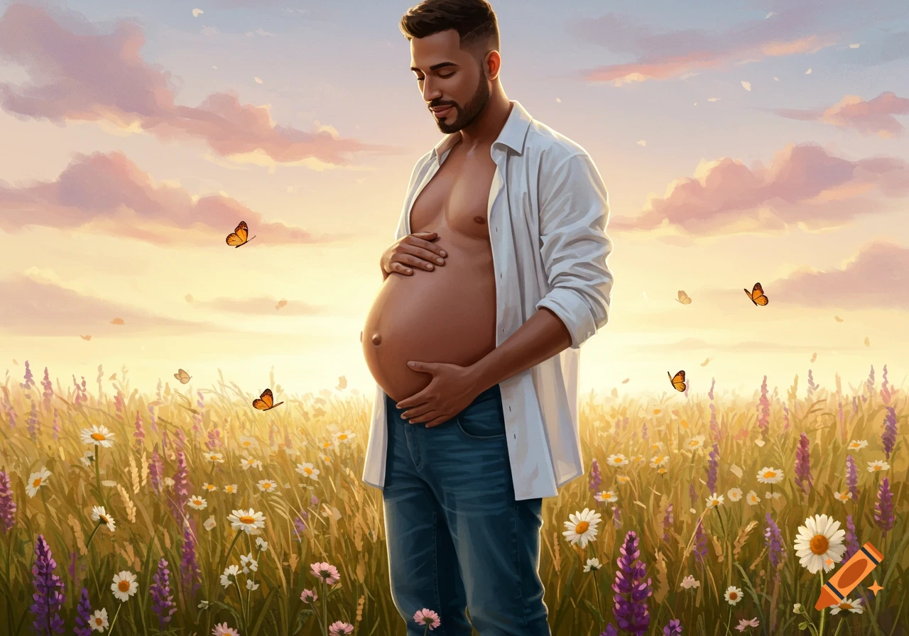 A man with a pregnant belly stands in a field of wildflowers with butterflies at sunset, digital painting.