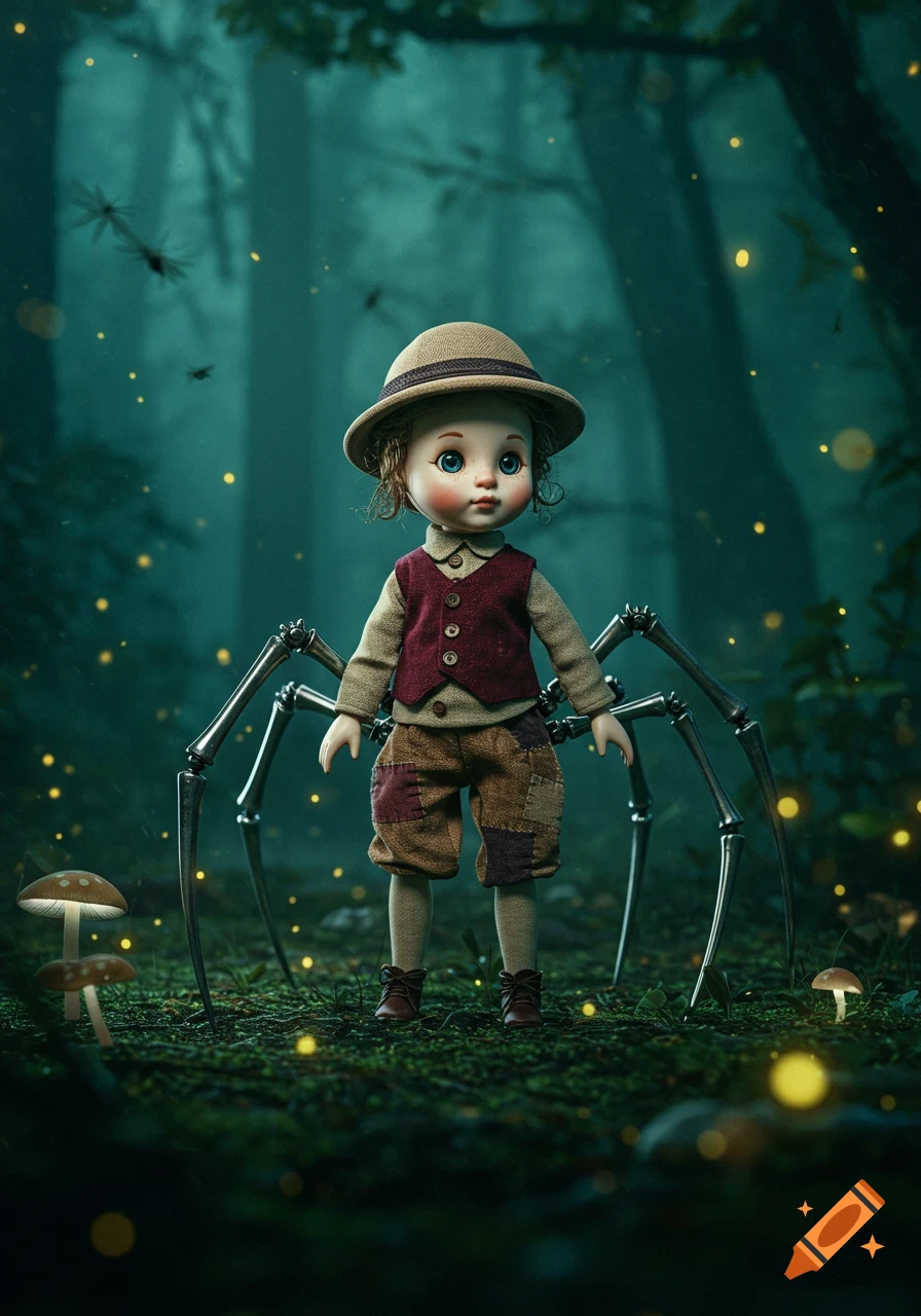 A curious explorer doll with mechanical spider legs stands in a magical, dark forest with glowing fireflies and mushrooms.