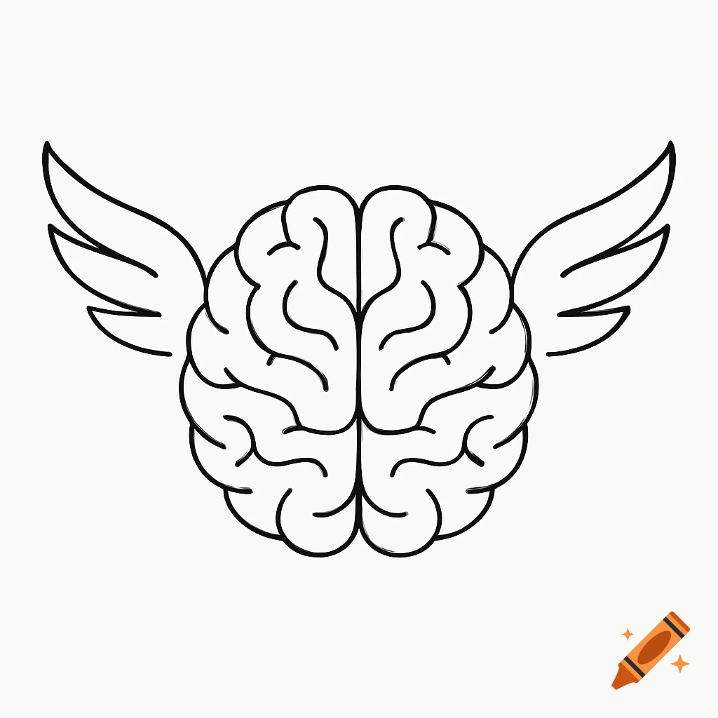 A minimalistic black outline illustration of a human brain with a pair of wings attached, centered on a white background.