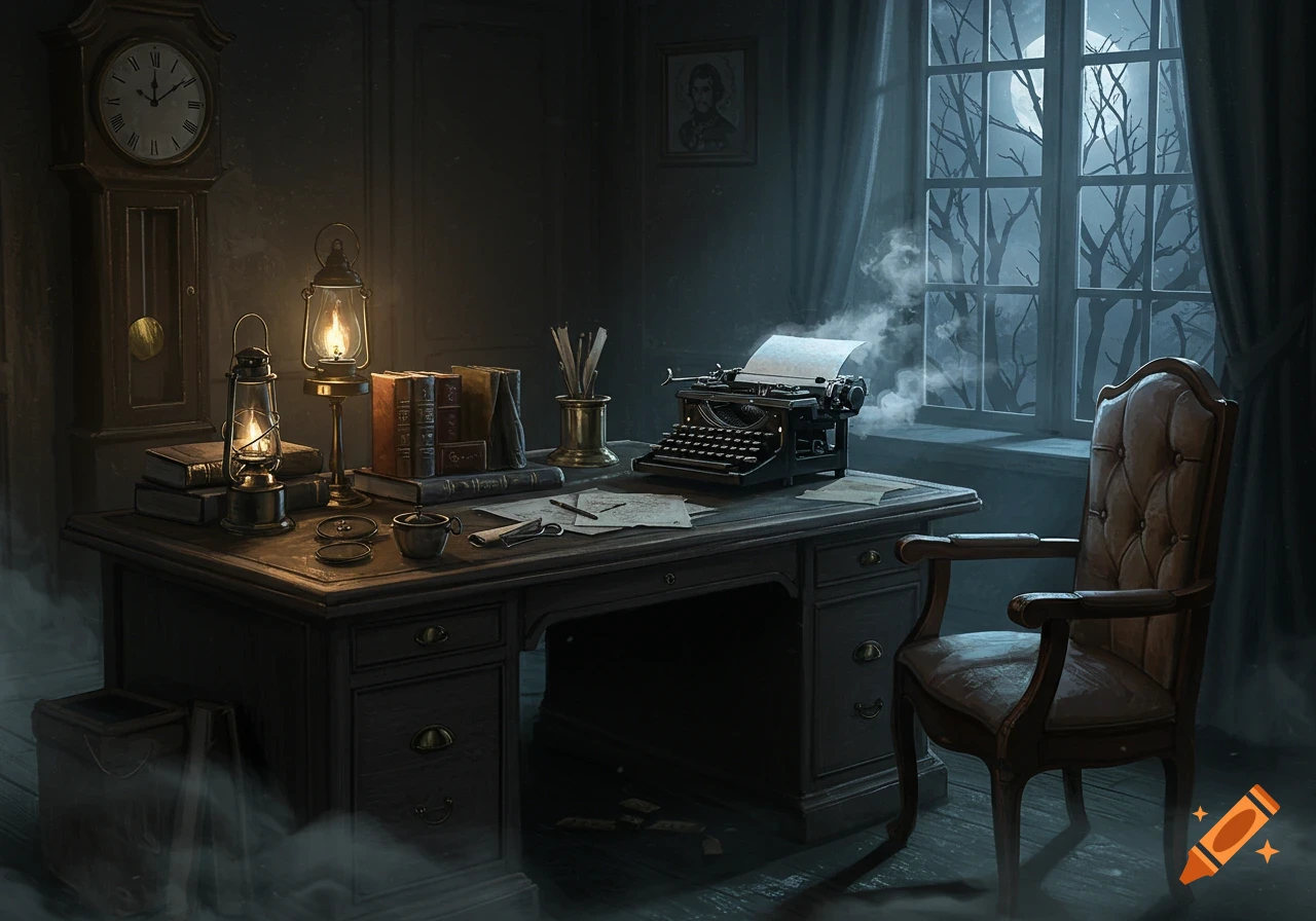 A dimly lit, vintage office with a desk, typewriter, oil lamps, and a moonlit window displaying bare trees.