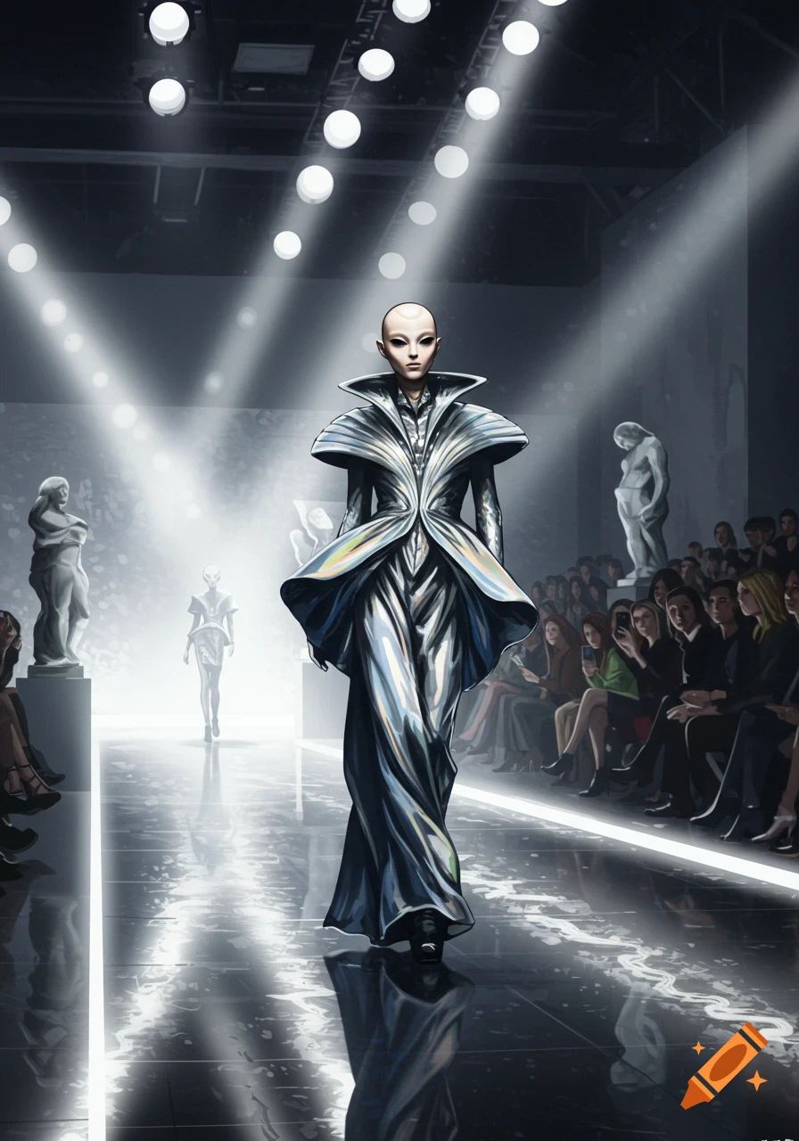 An alien-like model with a bald head walks down a brightly lit runway in a metallic, avant-garde outfit. An audience sits in the dark on both sides, with abstract statues in the background.