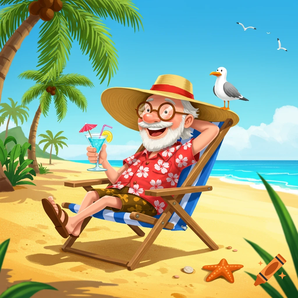 A smiling, bearded old man in a straw hat and Hawaiian shirt relaxes on a beach chair, holding a blue cocktail. A seagull sits on his hat under palm trees.