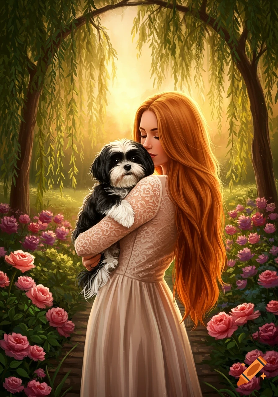 A woman with long red hair gently embraces a black and white Shih Tzu in a beautiful, sunlit garden with pink roses and weeping willows, in a digital painting style.