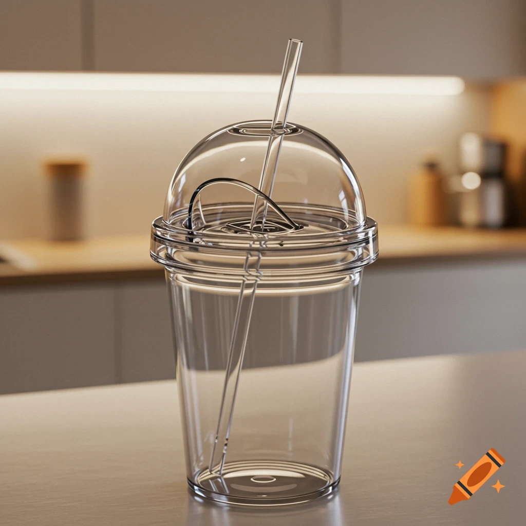 A clear plastic cup with a dome lid and a transparent straw stands on a counter in a modern kitchen setting.