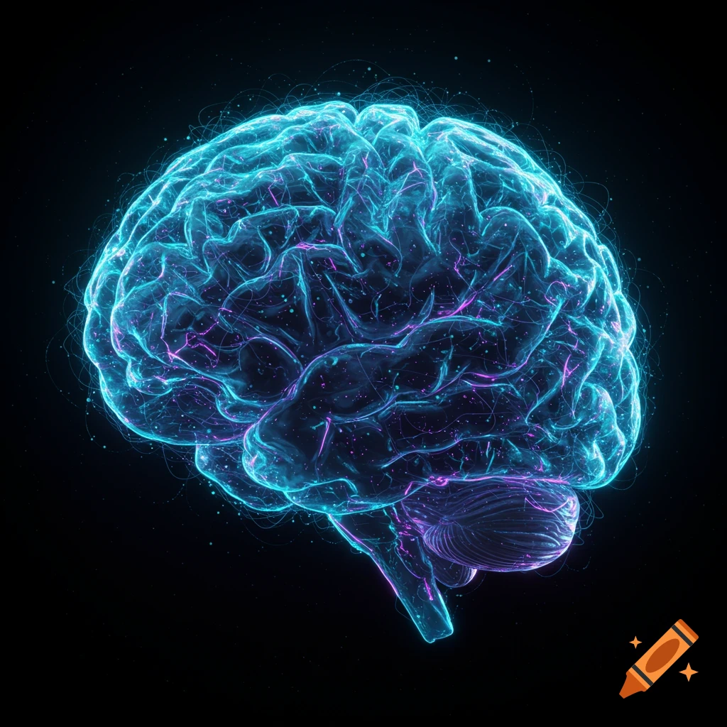 A glowing, futuristic human brain, rendered in blue and purple light with intricate digital connections on a dark background.