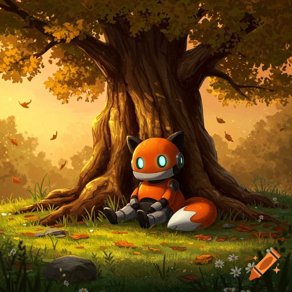A cute orange fox robot with glowing blue eyes rests under a large autumn tree in a whimsical forest illustration.