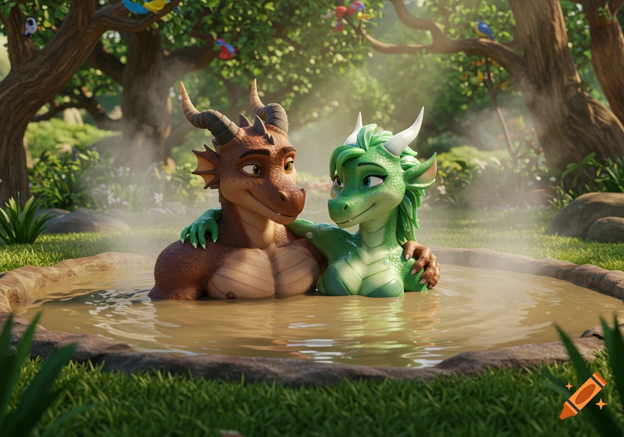 A 3D animated anthropomorphic brown and green dragon couple hugging while relaxing in a steamy mud hot tub in a lush forest.