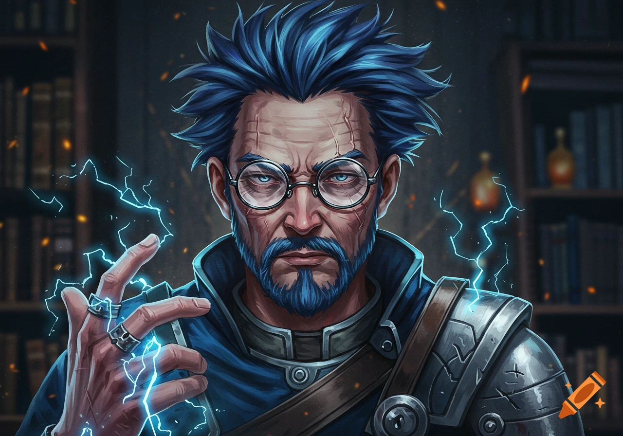 An older anime man with spiky blue hair, glasses, a blue beard, and a tired expression, wielding electric powers in a library.