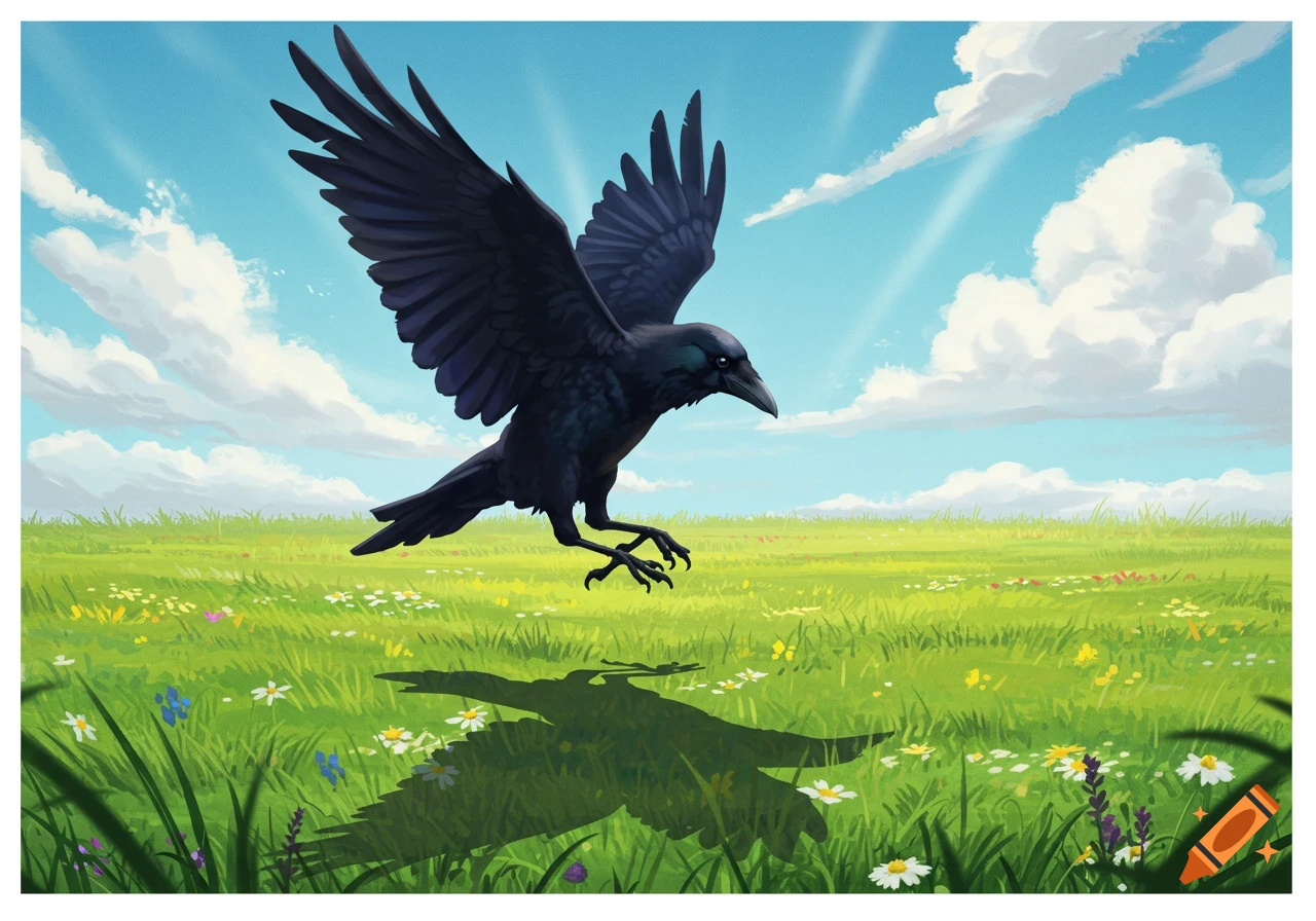 An illustration of a black crow landing in a sunny green field, casting a shadow shaped like a duck.