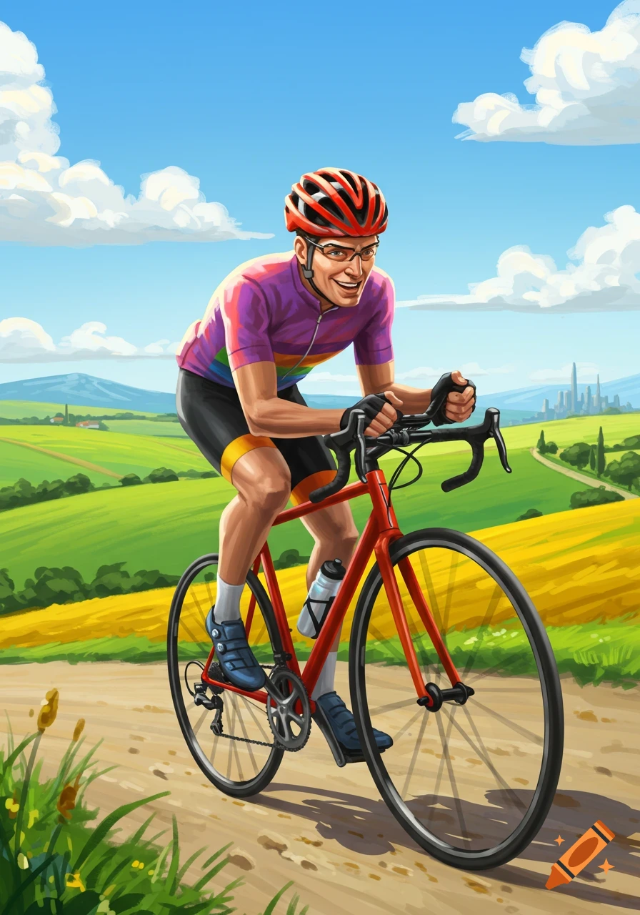 Illustration of a smiling man in a rainbow jersey and red helmet cycling a red road bike on a dirt path through green fields.