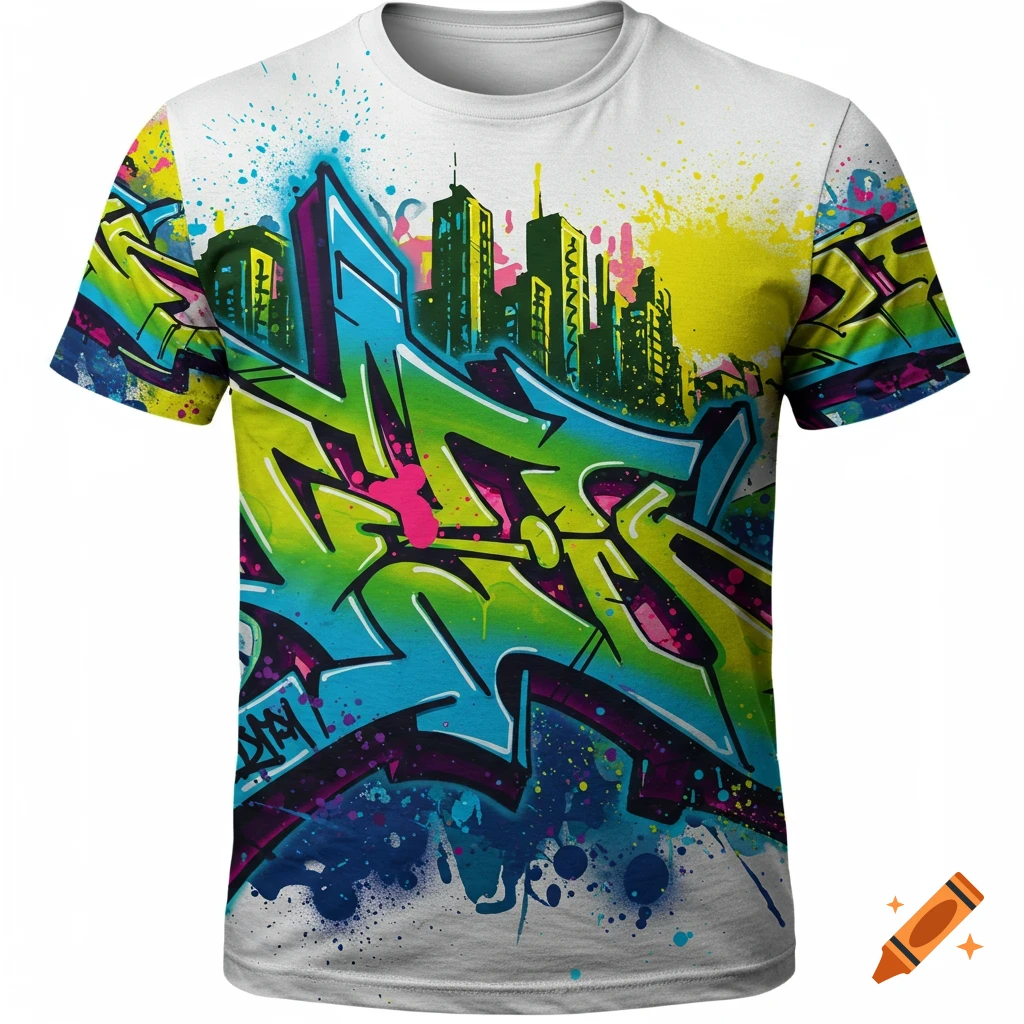 White t-shirt featuring vibrant graffiti art with abstract letters, paint splatters, and a silhouette of a city skyline.