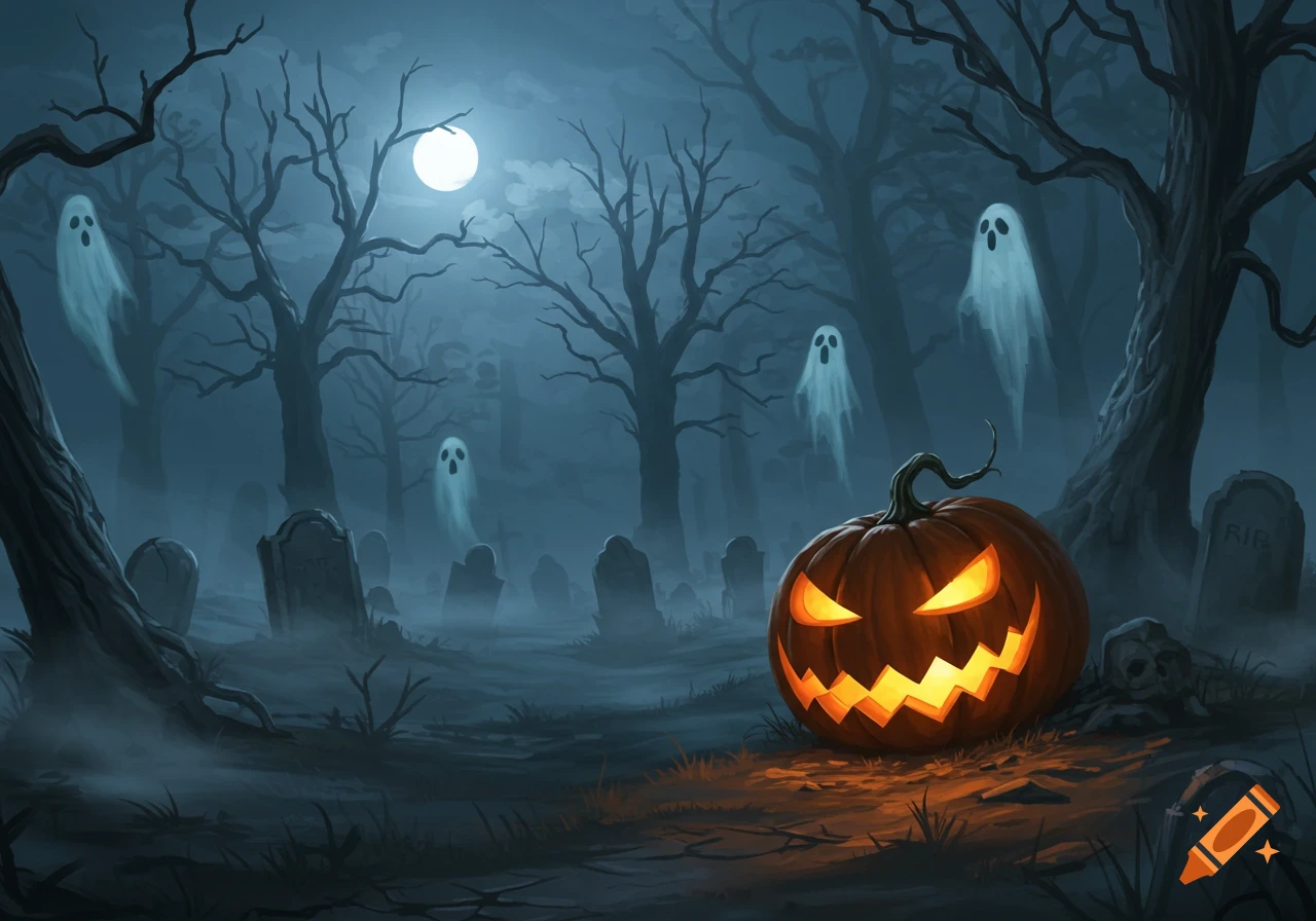 Glowing jack-o'-lantern in a foggy, moonlit graveyard with floating ghosts and twisted trees; dark fantasy art style.