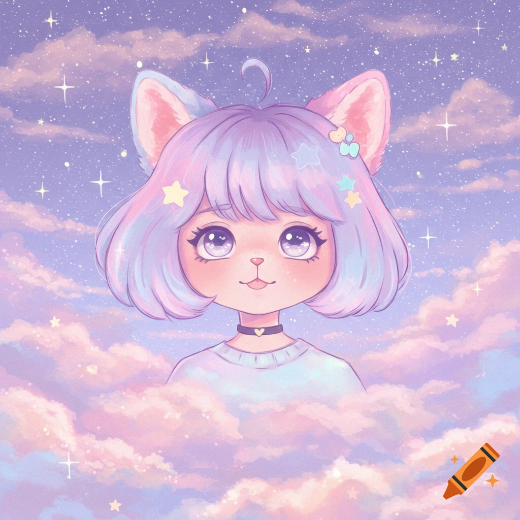 A cute anime cat-girl with pastel hair and cat ears floats in a dreamy, star-filled sky with pink and purple clouds.