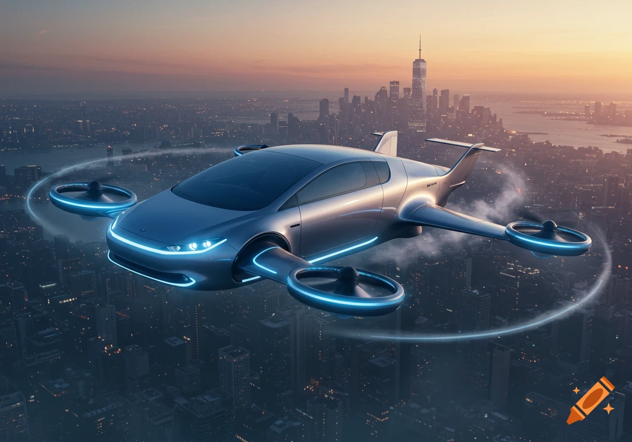 A sleek, silver futuristic flying car with glowing blue accents hovers above a bustling city skyline at sunset.