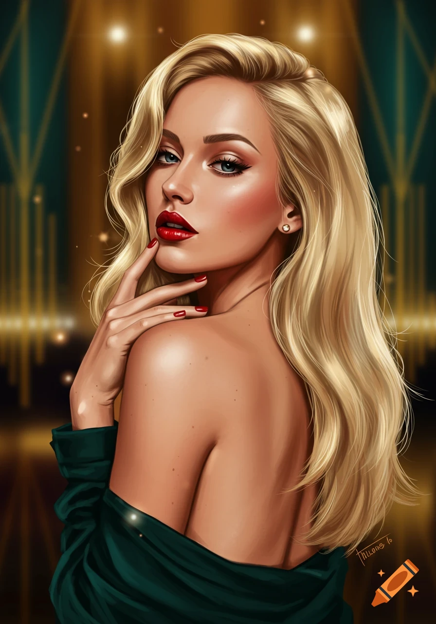 Digital painting of a glamorous blonde woman with red lips and nails, looking over her shoulder against a golden-lit background.