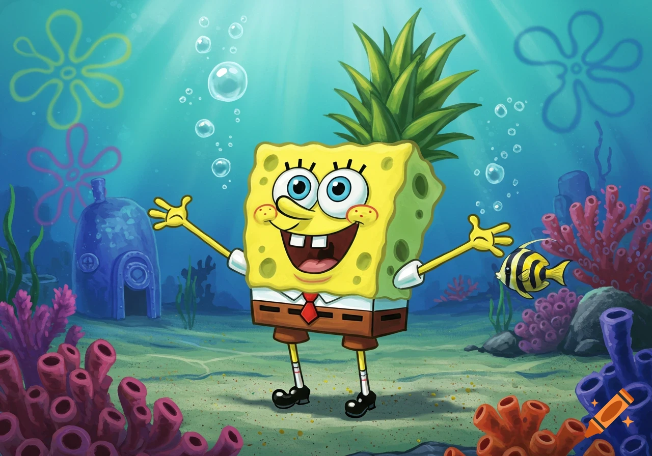 Spongebob Squarepants with a pineapple on his head smiles in a vibrant underwater scene with his house and coral.