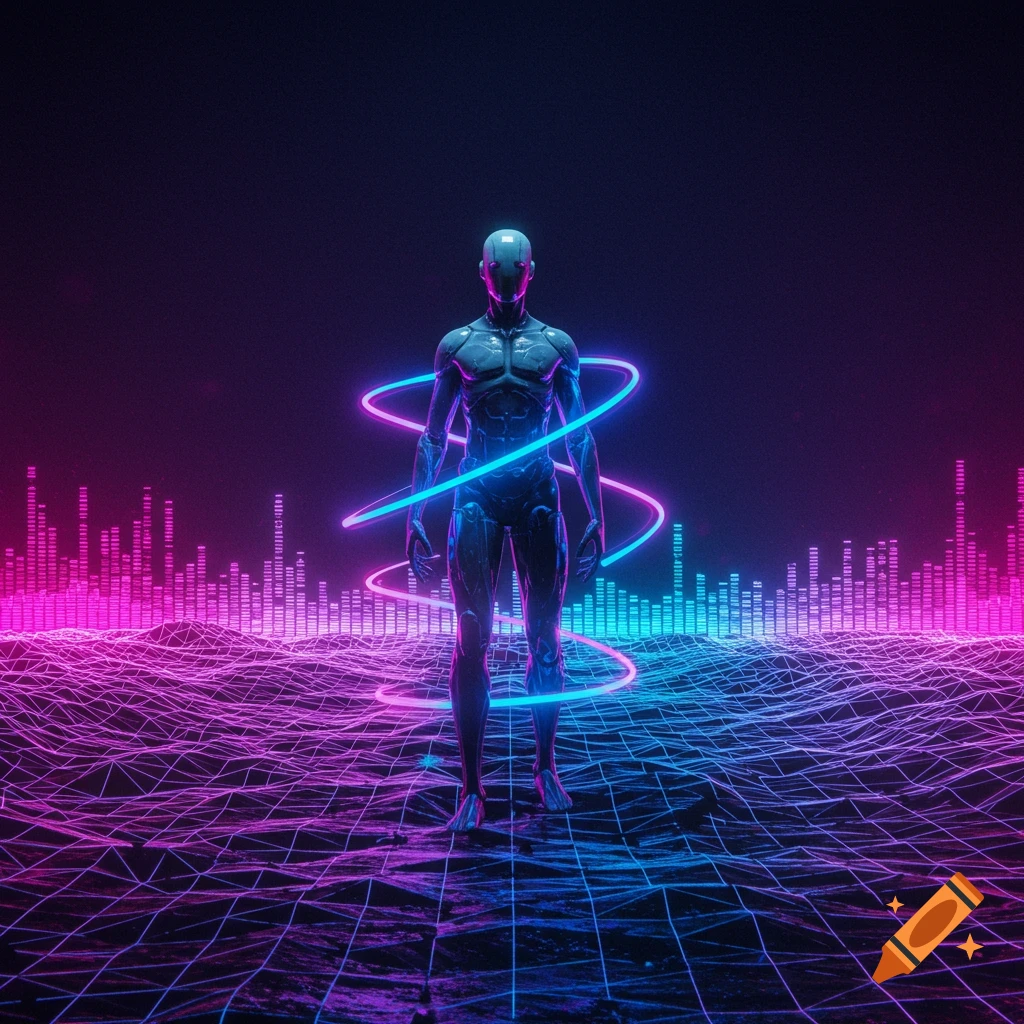 A metallic humanoid figure stands on a neon grid landscape, enveloped by glowing blue and pink energy rings, with equalizer bars in the background.