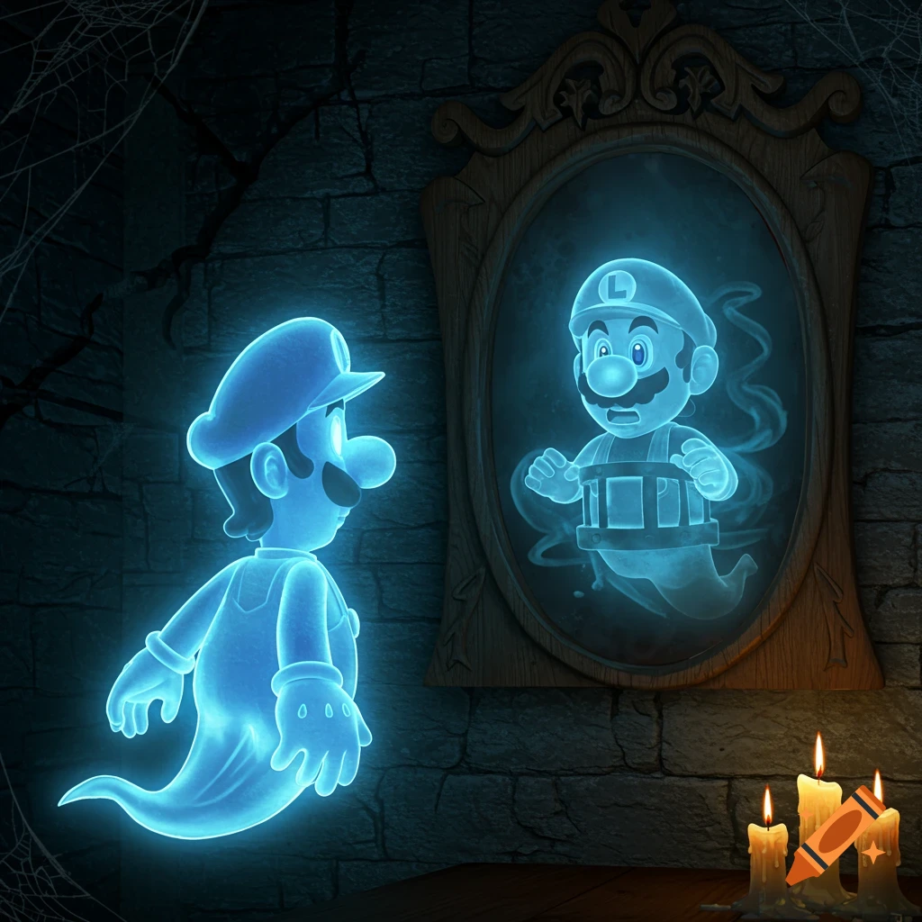 Ghost Luigi stares into a mirror, seeing a trapped ghost Mario reflected in a spooky, candlelit room with brick walls and cobwebs.
