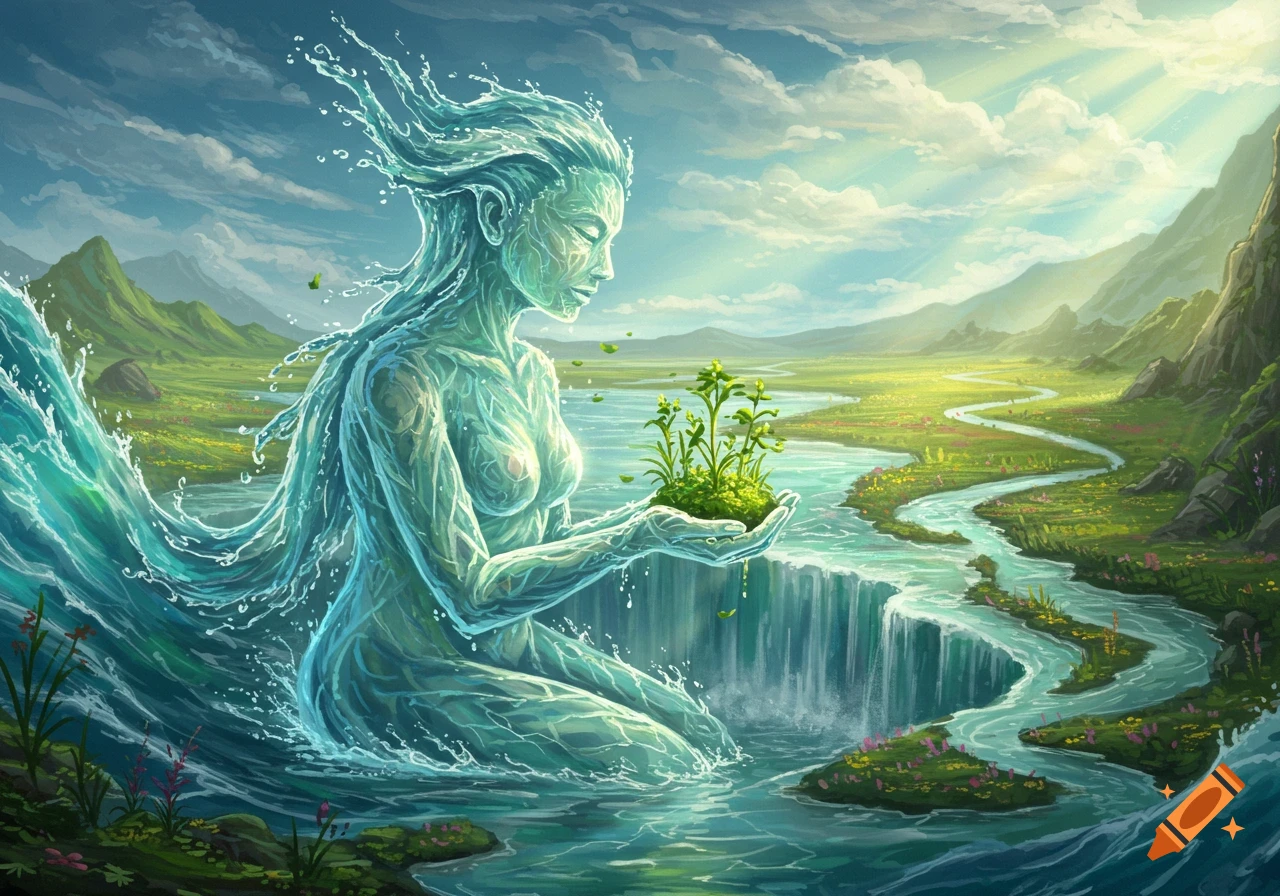 A majestic water elemental holding a sprouting plant over a waterfall in a lush fantasy landscape with a winding river.