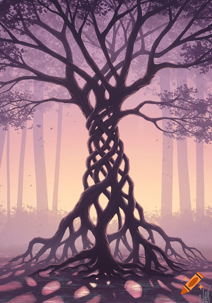 Stylized illustration of a tree with a braided trunk and roots in a misty purple and orange forest.