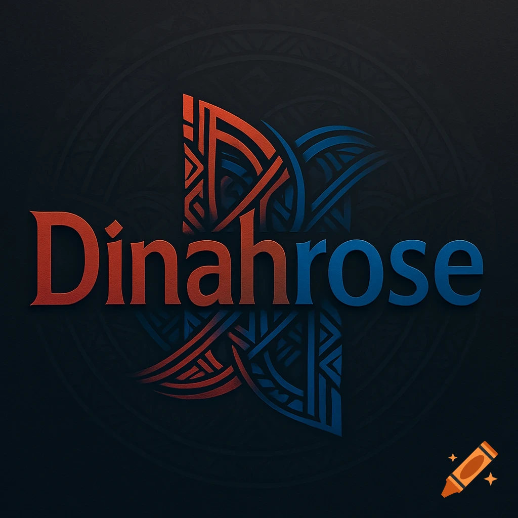A logo with the word 'Dinahrose' in red and blue, over intertwined red and blue tribal-style patterns.